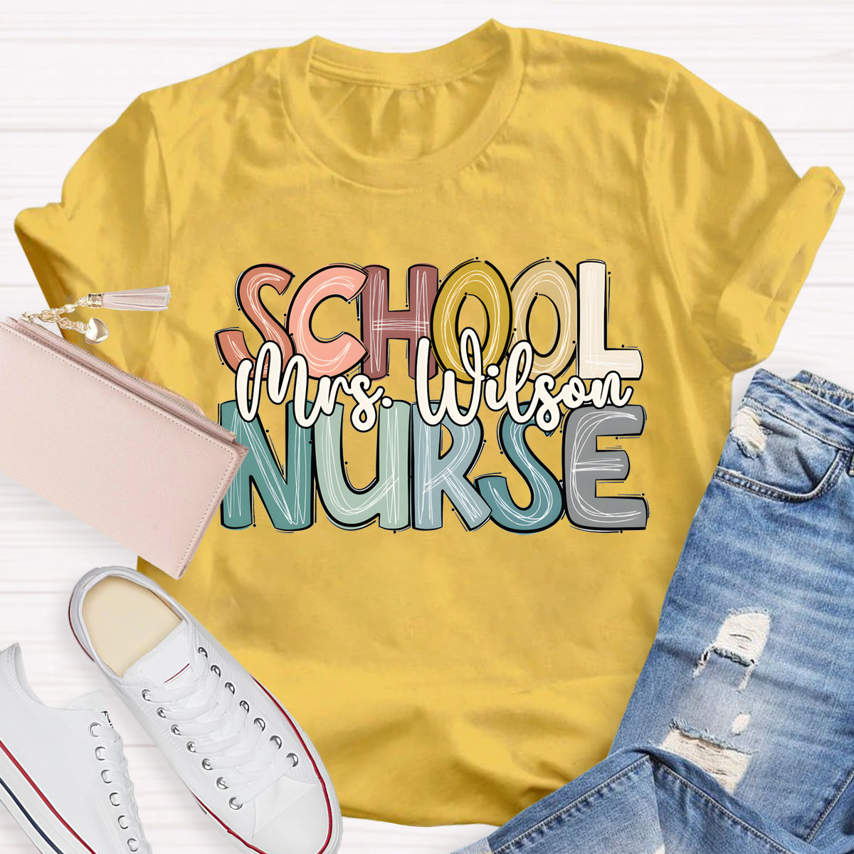 Personalized School Nurse Name Colorful Letter T-Shirt