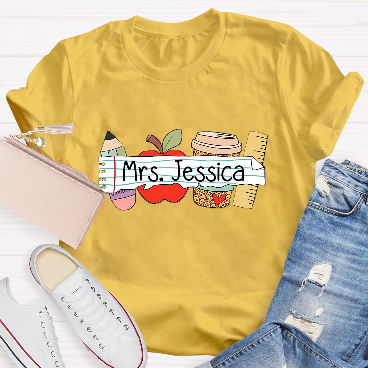 Personalized Teacher's Name Apple Pencil Coffee T-Shirt