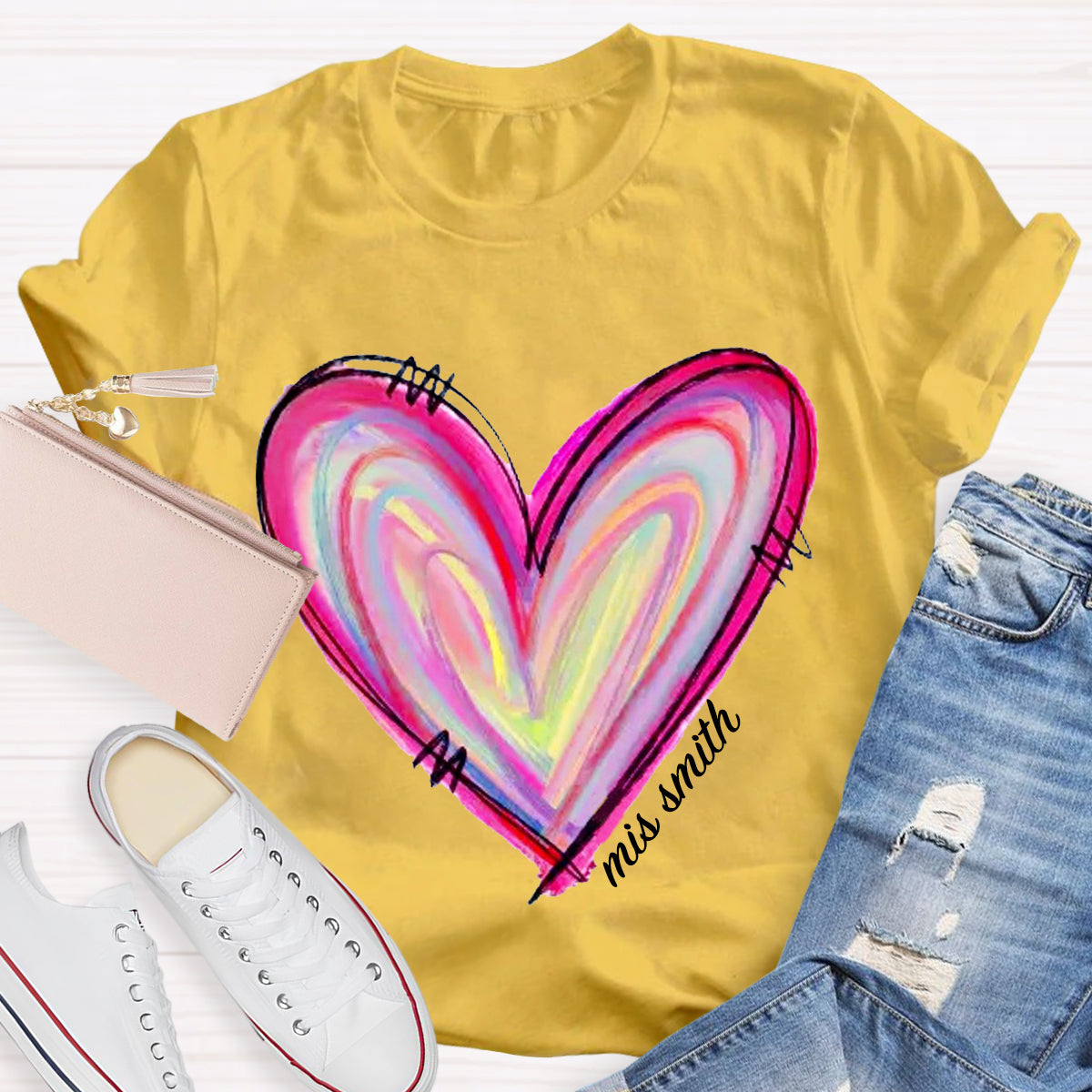Personalized Name Art Painted Heart Teacher T-Shirt