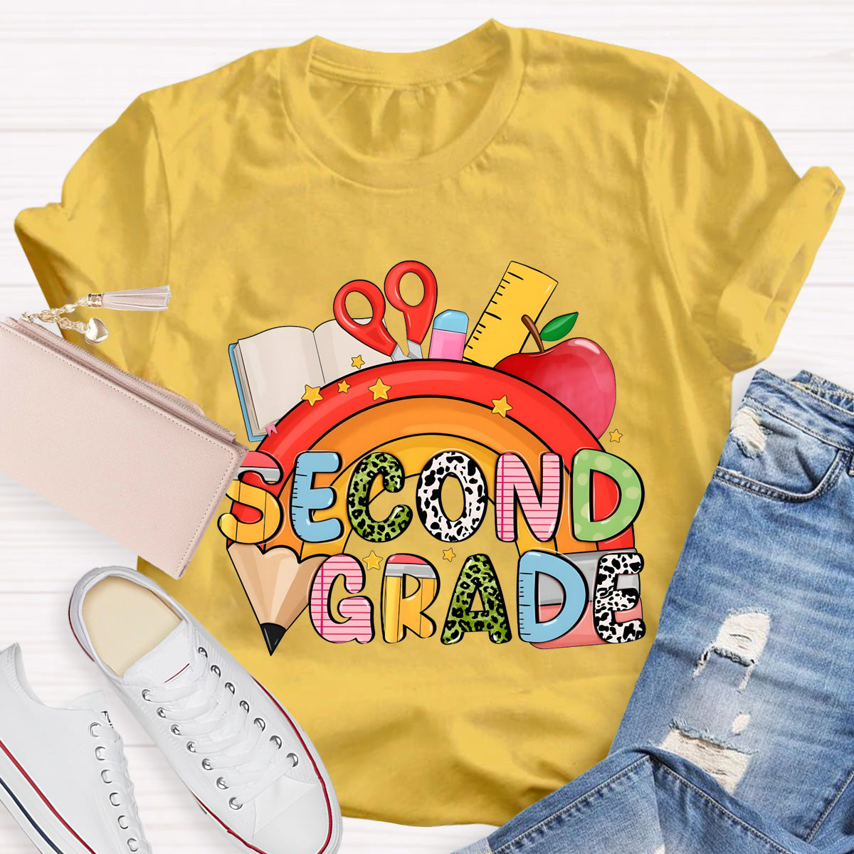 Personalized Grade Pencil Rainbow Second Grade Teacher T-Shirt