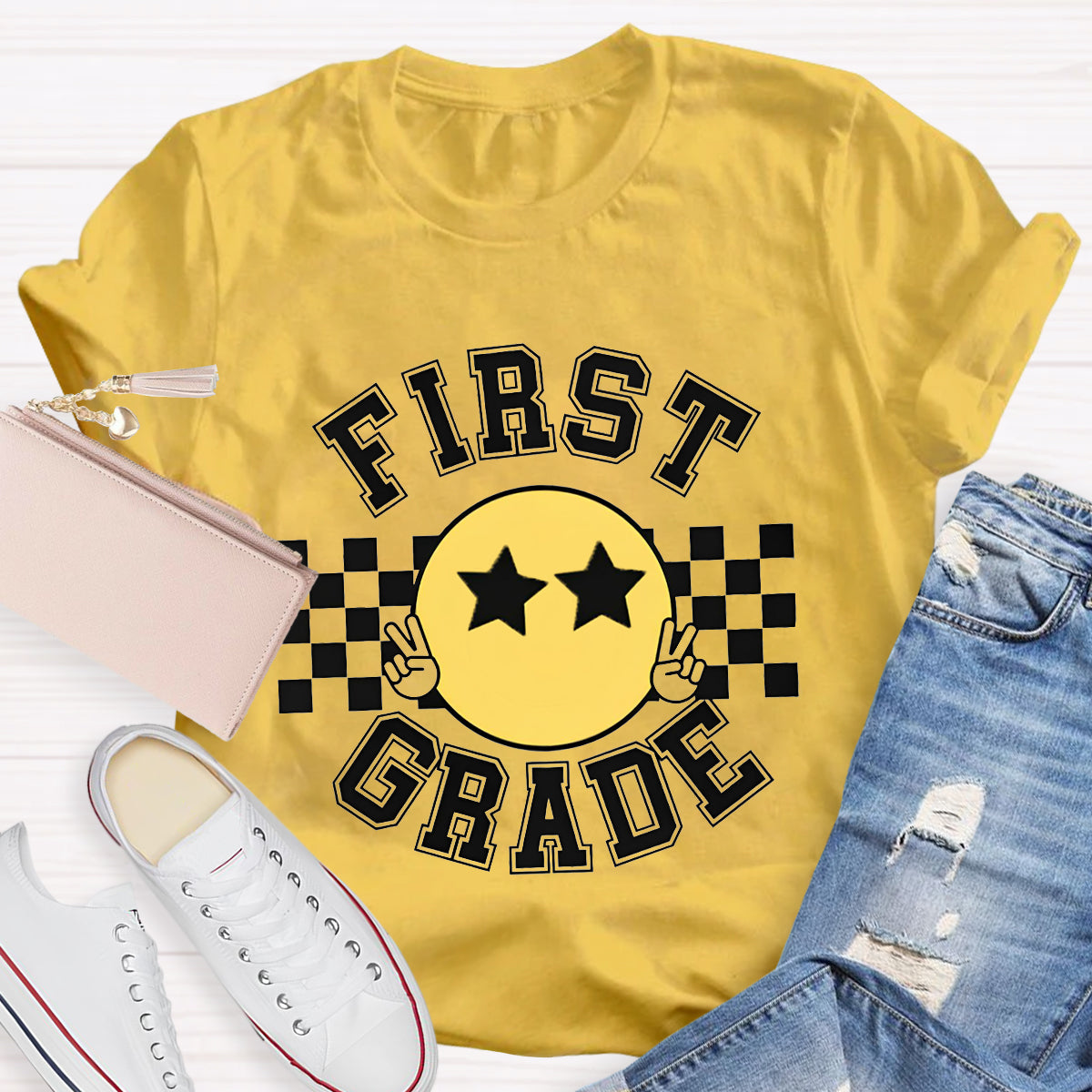 Personalized Grade Chessboard Pattern Teacher T-Shirt