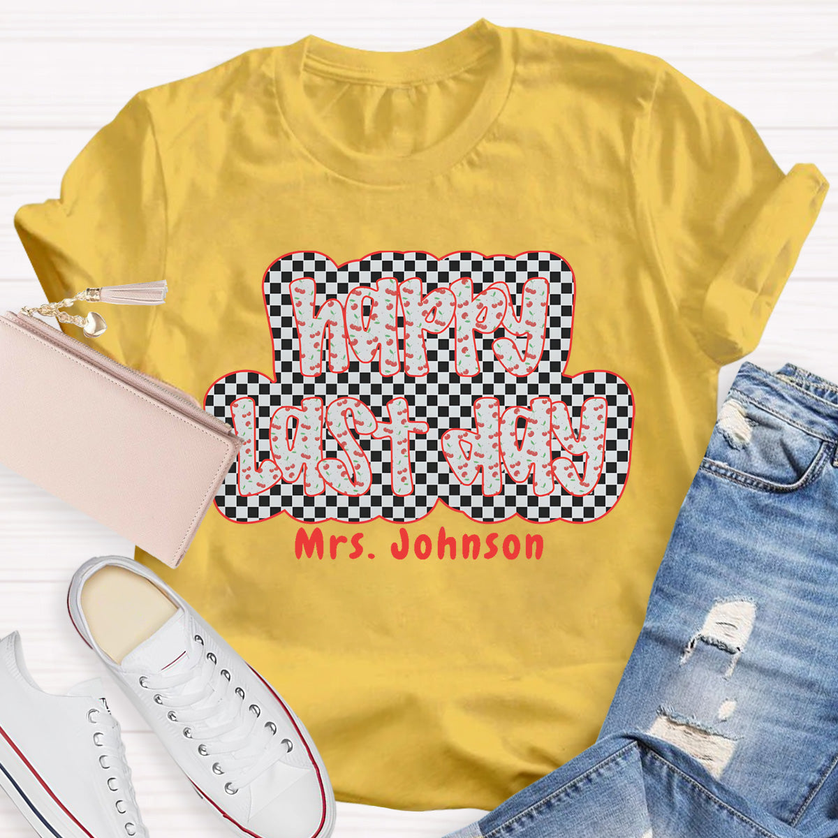 Personalized Name Happy Last Day Checkerboard T-Shirt