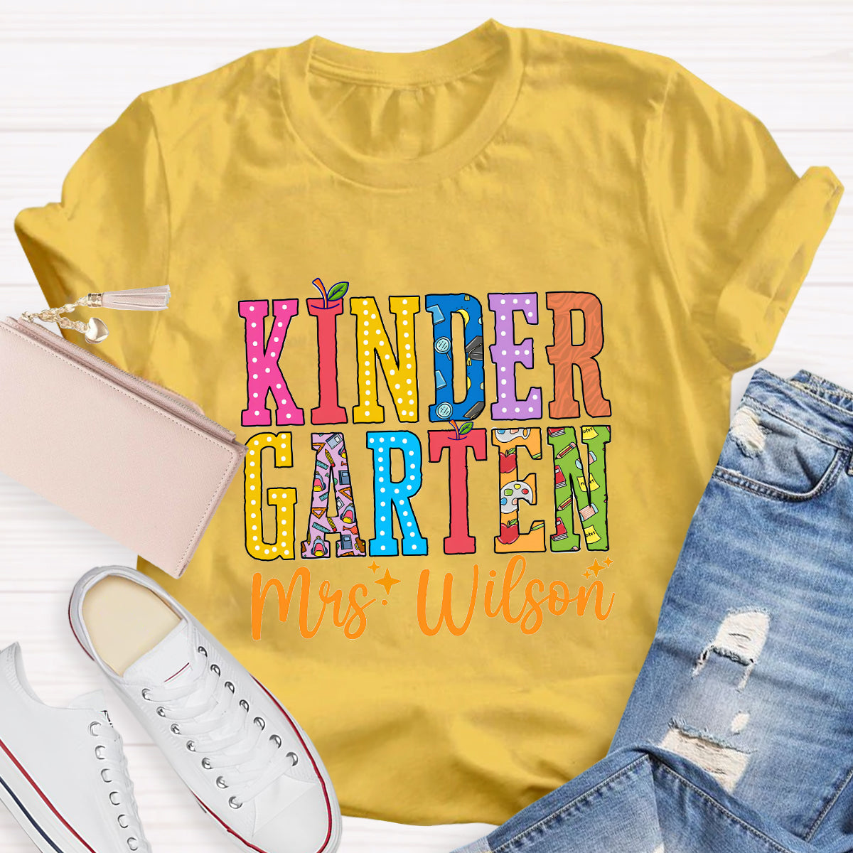 Personalized Teacher Name And Grade Apple Printed T-Shirt