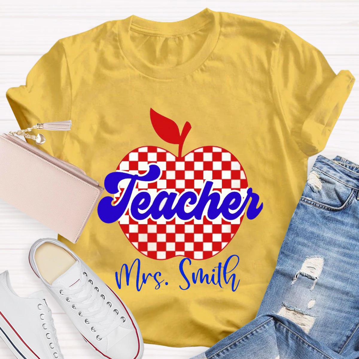 Personalized Name Red Apple Teacher T-Shirt