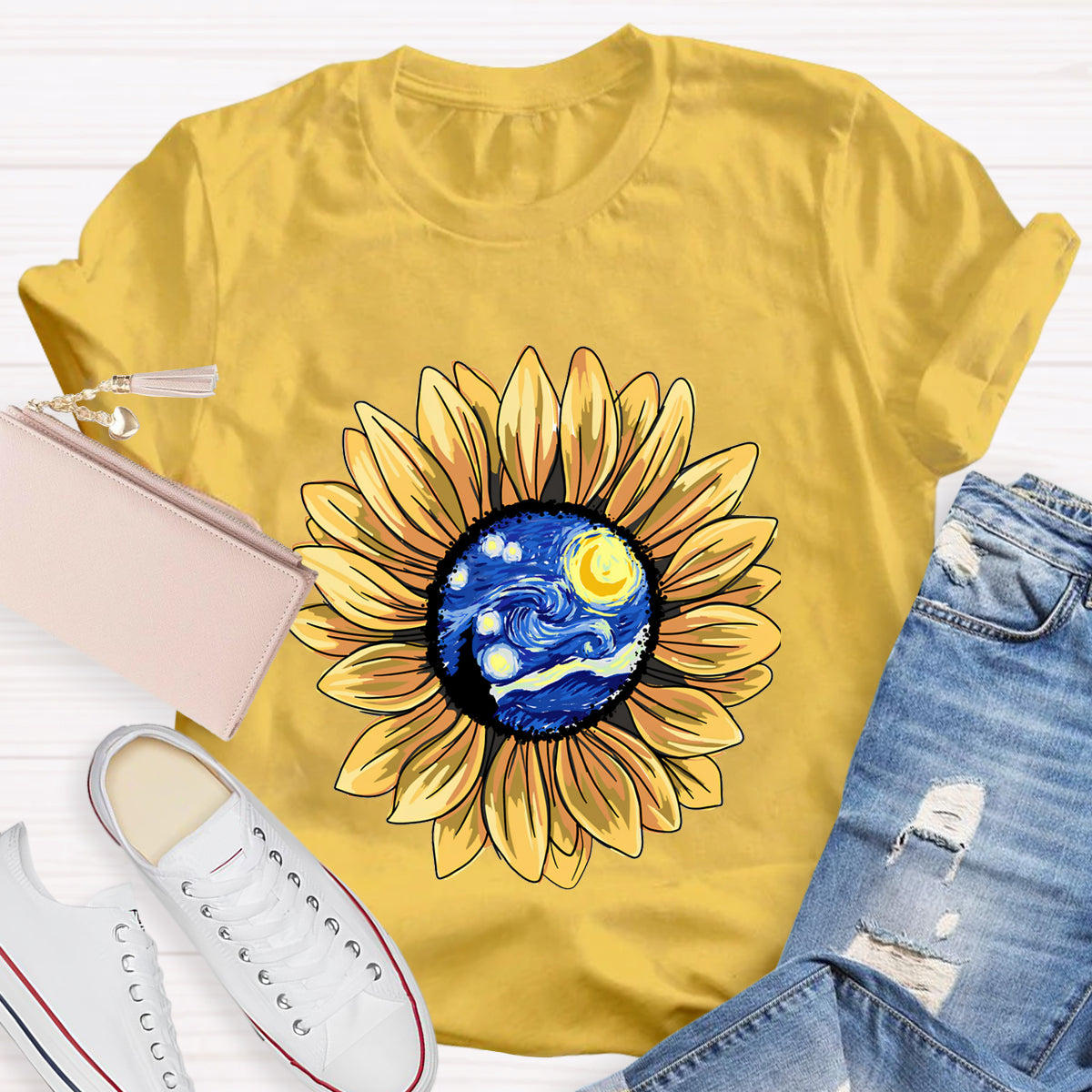 Starry Sky Art Sunflower Teacher T-Shirt