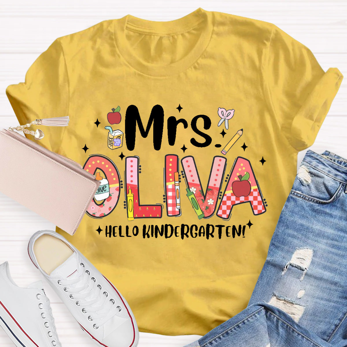 Personalized Name Hello Kindergarten Teacher T-Shirt