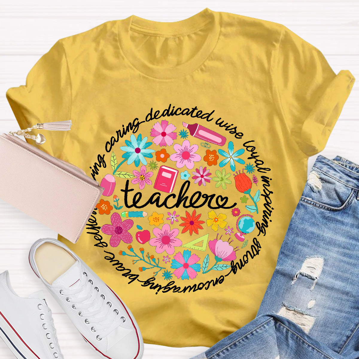 Loving Caring Dedicated Floral Teacher T-Shirt