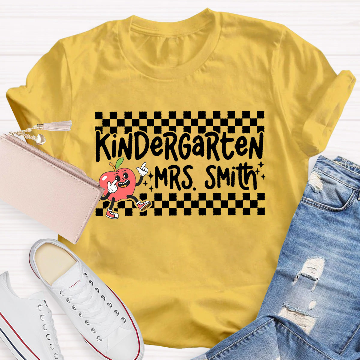 Personalized Grade And Name Chessboard pattern Apple Teacher T-Shirt