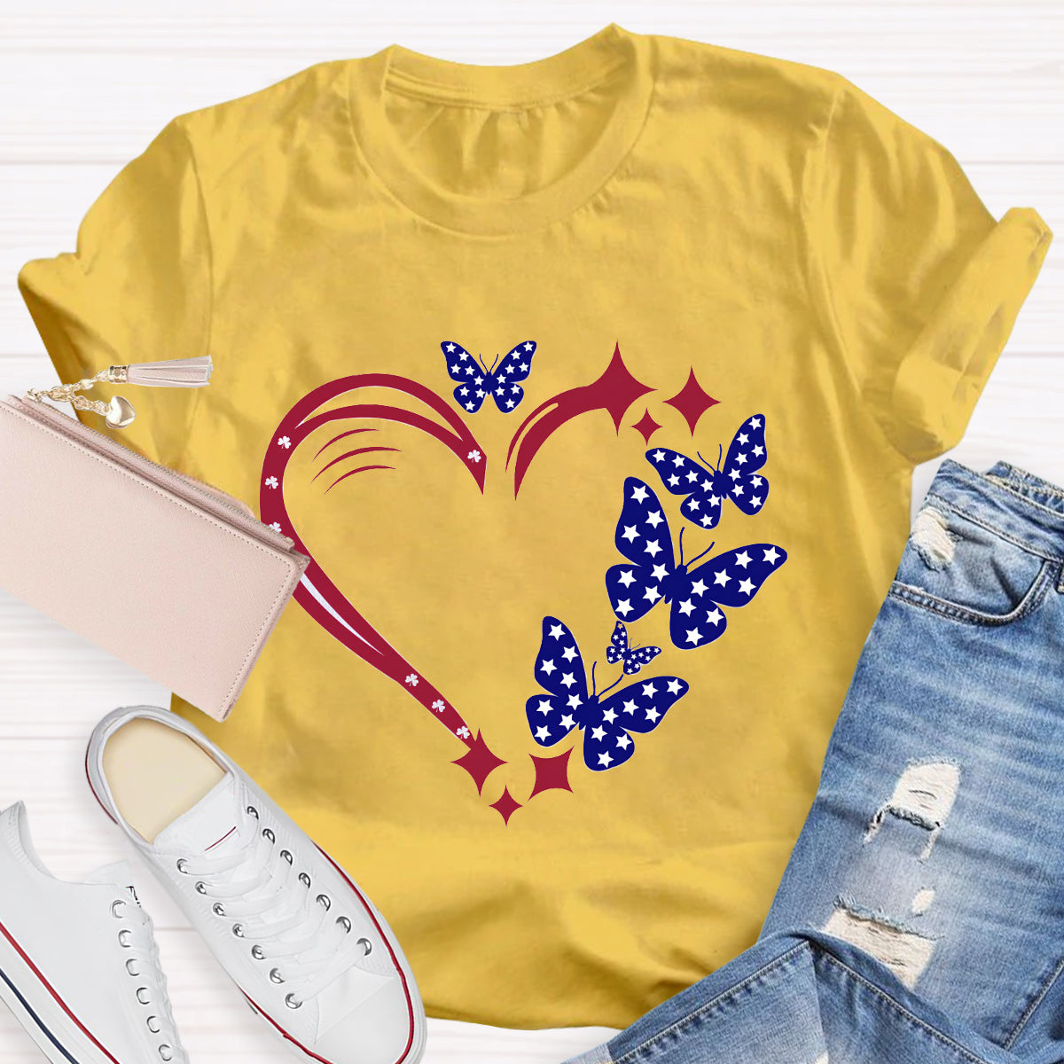Stars And Strips Butterfly Teacher T-Shirt