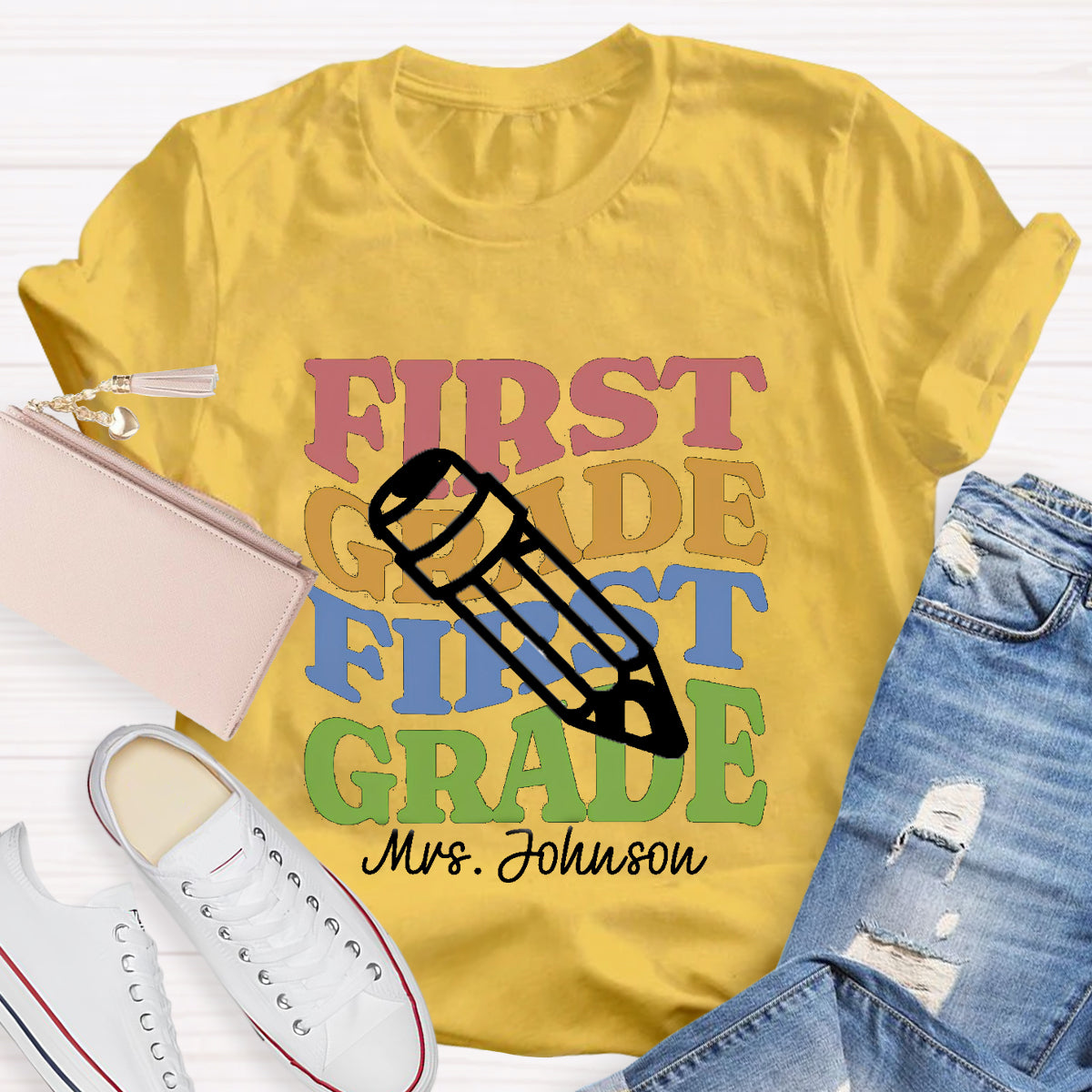 Personalized Teacher Grade And Name Pencil Back To School T-Shirt