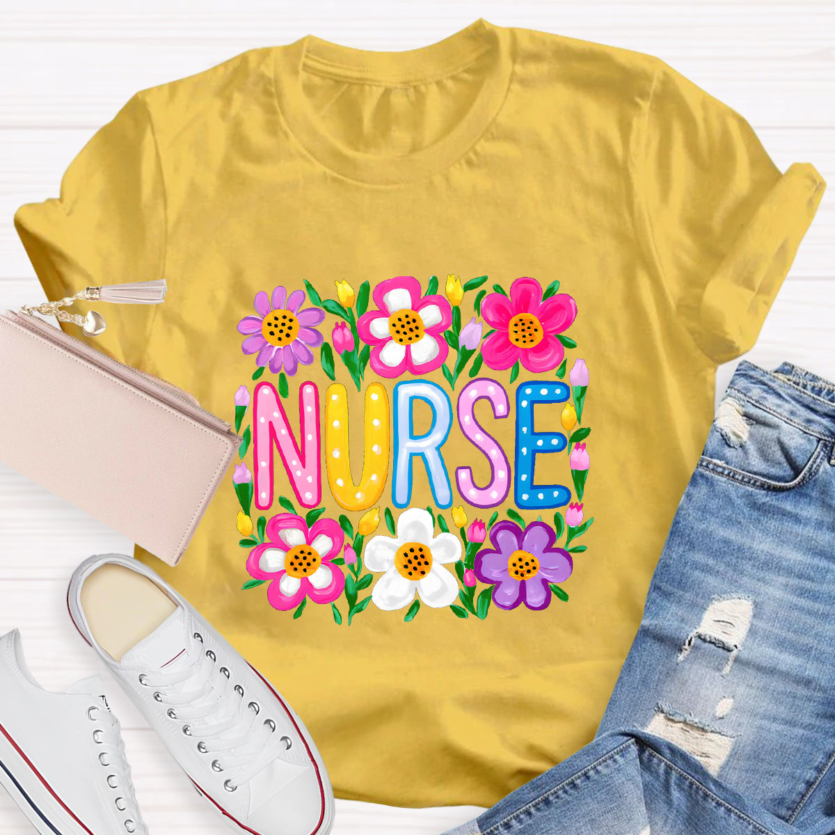 Floral School Nurse T-Shirt
