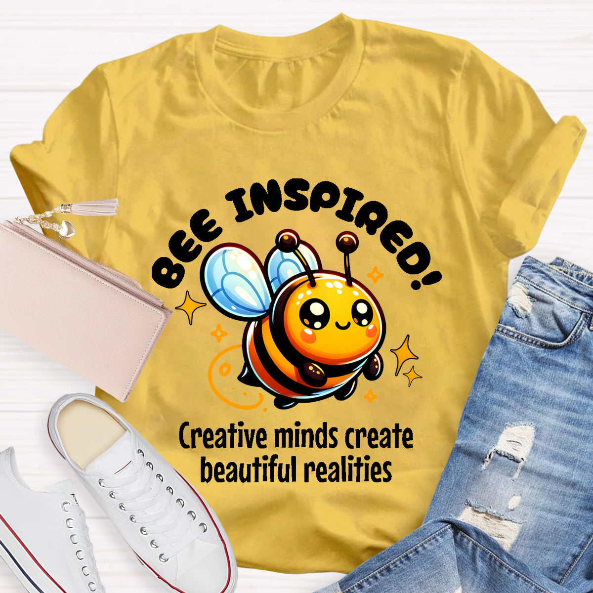 Bee Inspired Creative Minds Create Beautiful Realities Teacher T-Shirt
