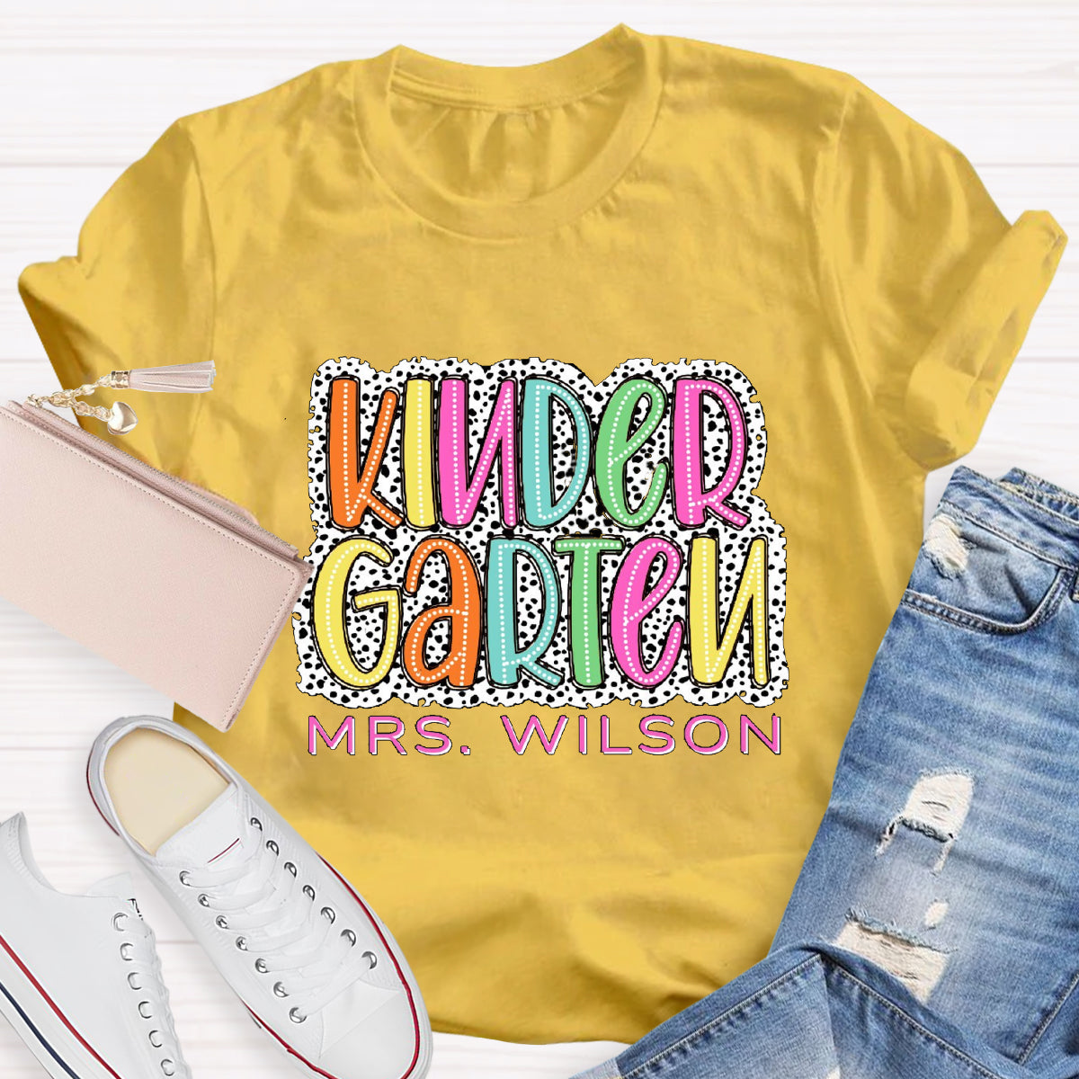 Personalized Name And Grade Neon Lights And Polka Dots Teacher T-Shirt