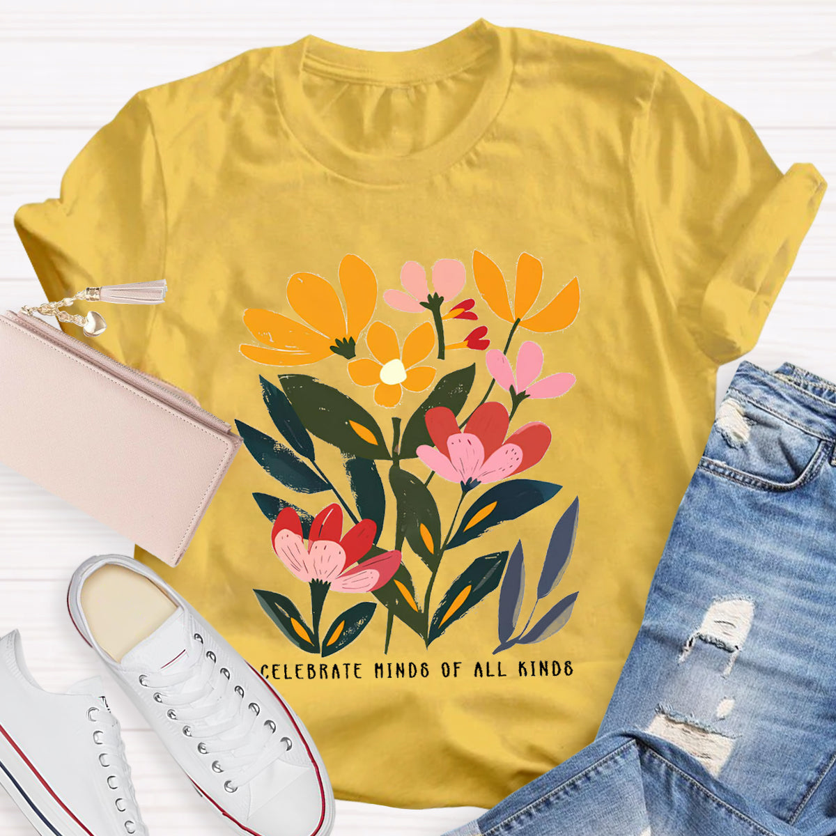 Art Flower Celebrate Minds of All Kinds Teacher T-Shirt