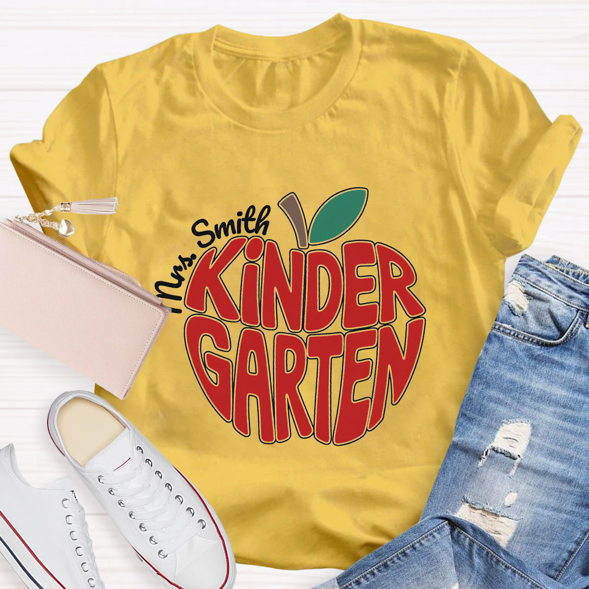 Personalized Kinder Garden Teacher Name Red Apple T-Shirt