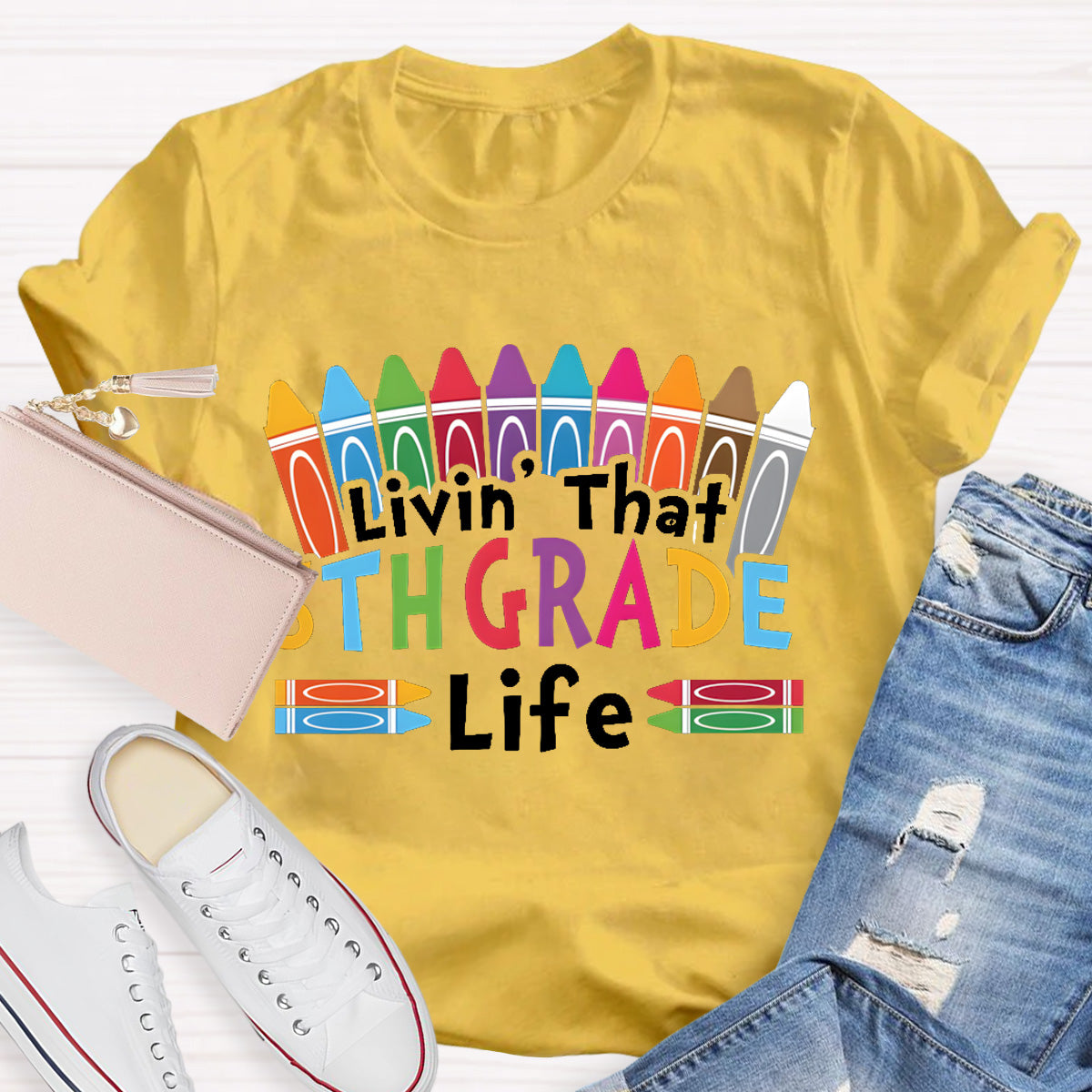 Personalized Grade Livin That 5th Grade Life Teacher T-Shirt