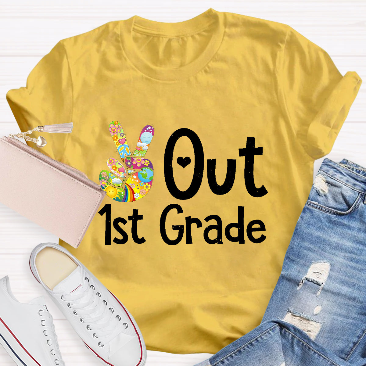 Personalized Grade Out 1st Grade Hand Signal Teacher T-Shirt