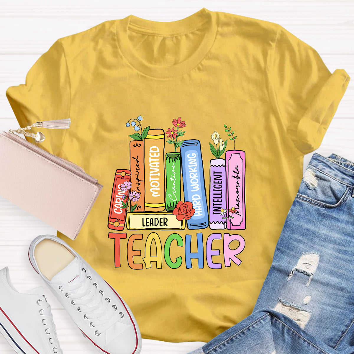 Caring Motivated Floral Books Teacher T-Shirt