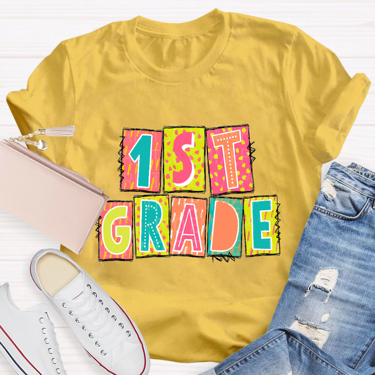 Personalized Grade Personalized Color Block 1st Grade Teacher T-Shirt