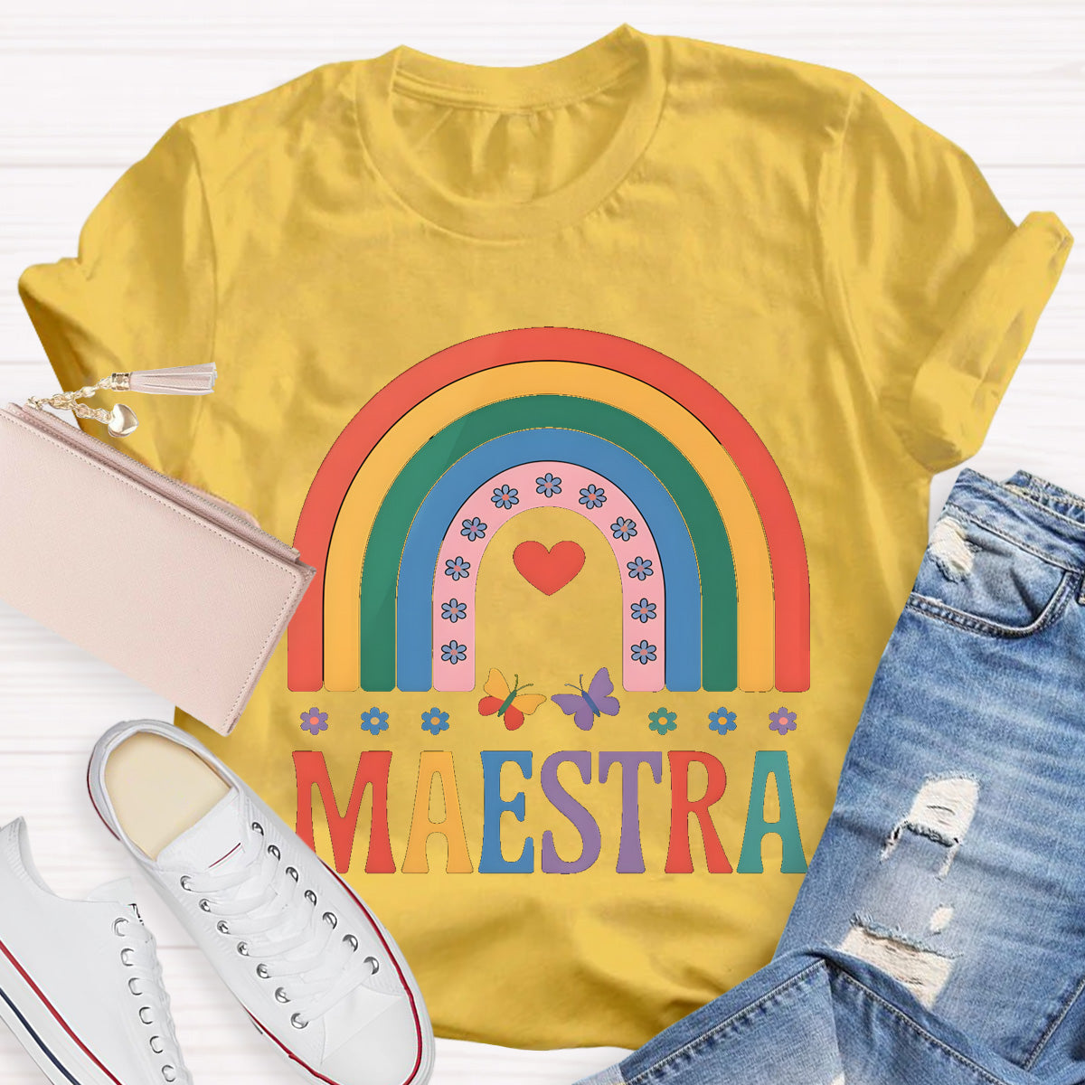 Rainbow Butterfly Maestra Bilingual Teacher T-Shirt