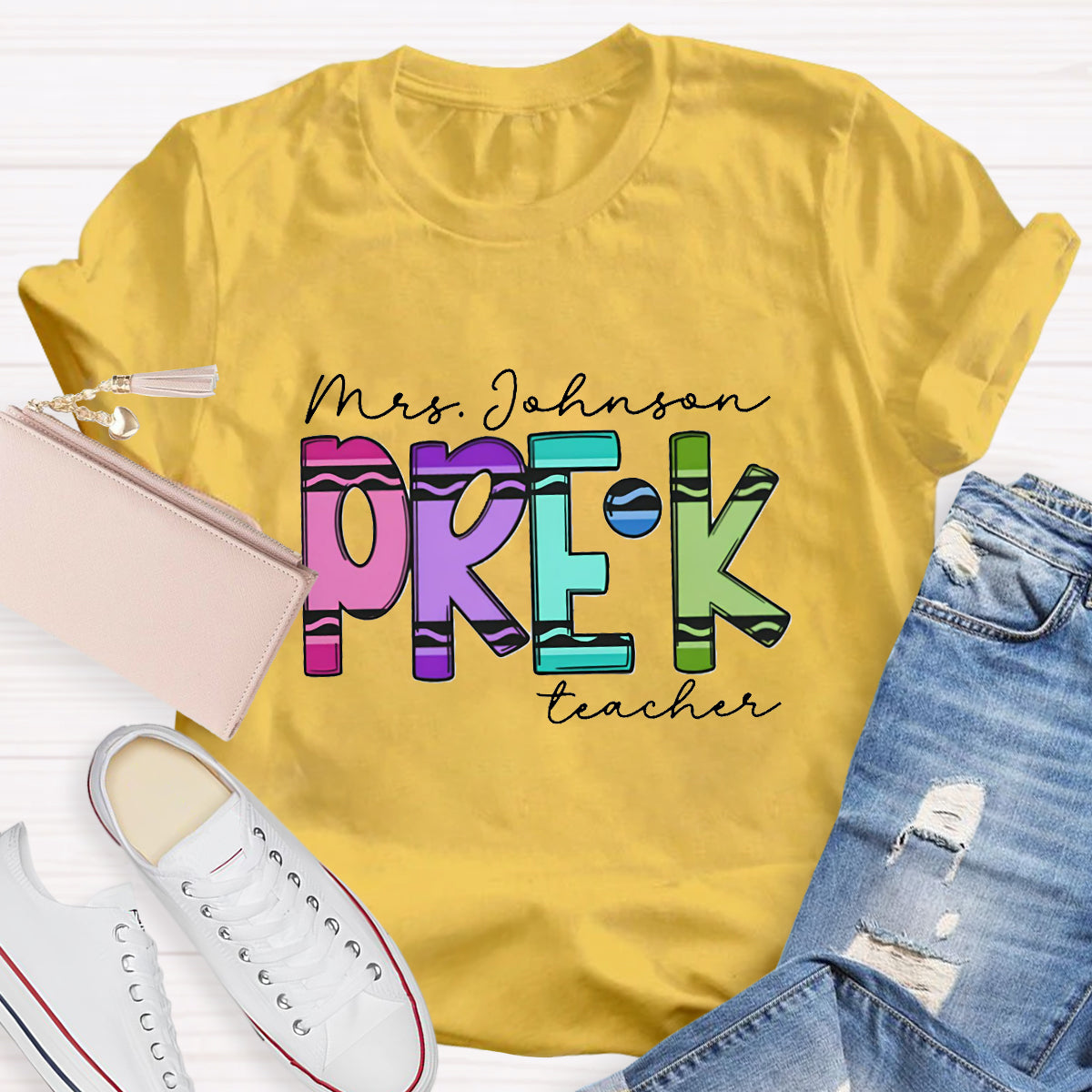 Personalized Grade And Name Crayon Teacher T-Shirt