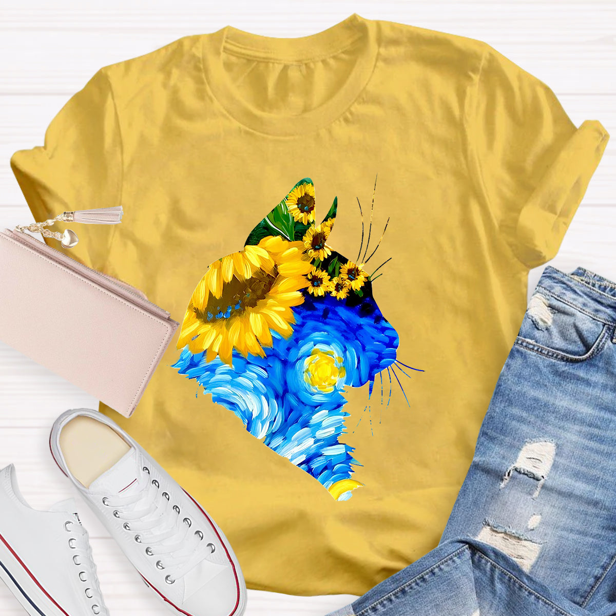 Art Sunflower Cat Teacher T-Shirt