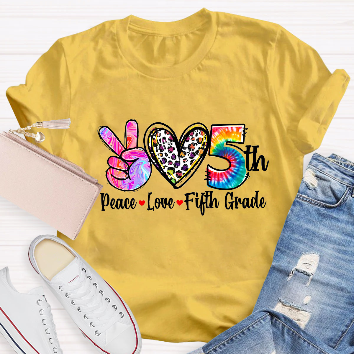 Personalized Grade Peace Love 5th Grade Teacher T-Shirt