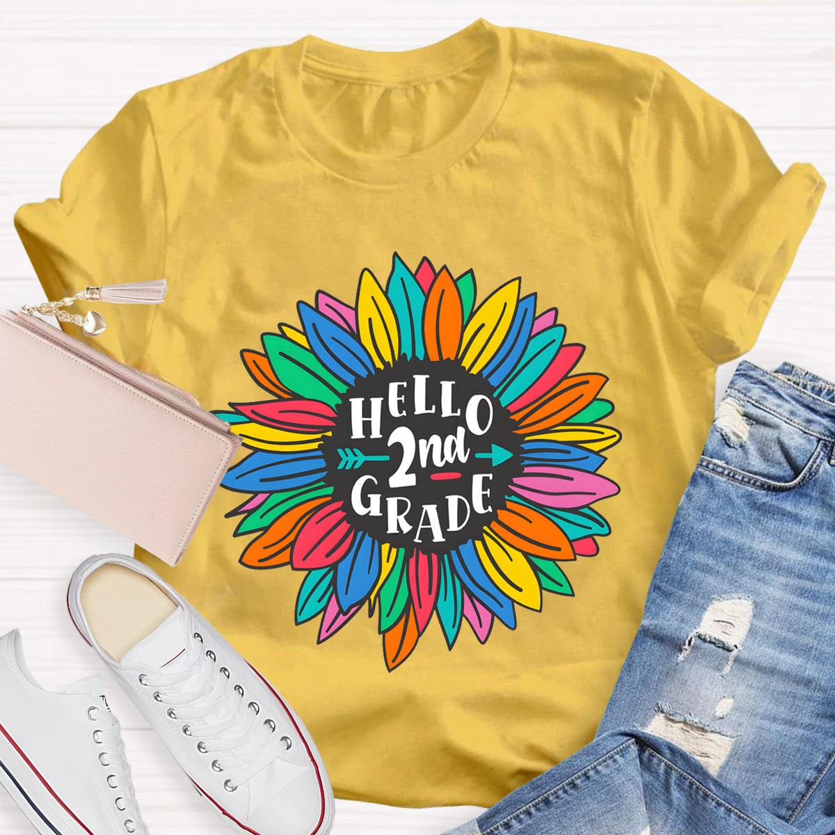 Personalized Grade Hello 2nd Grade Sunflower Teacher T-Shirt