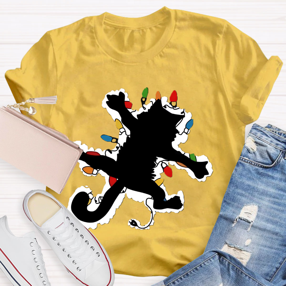 Pussy Cat And Lights Christmas T-Shirt