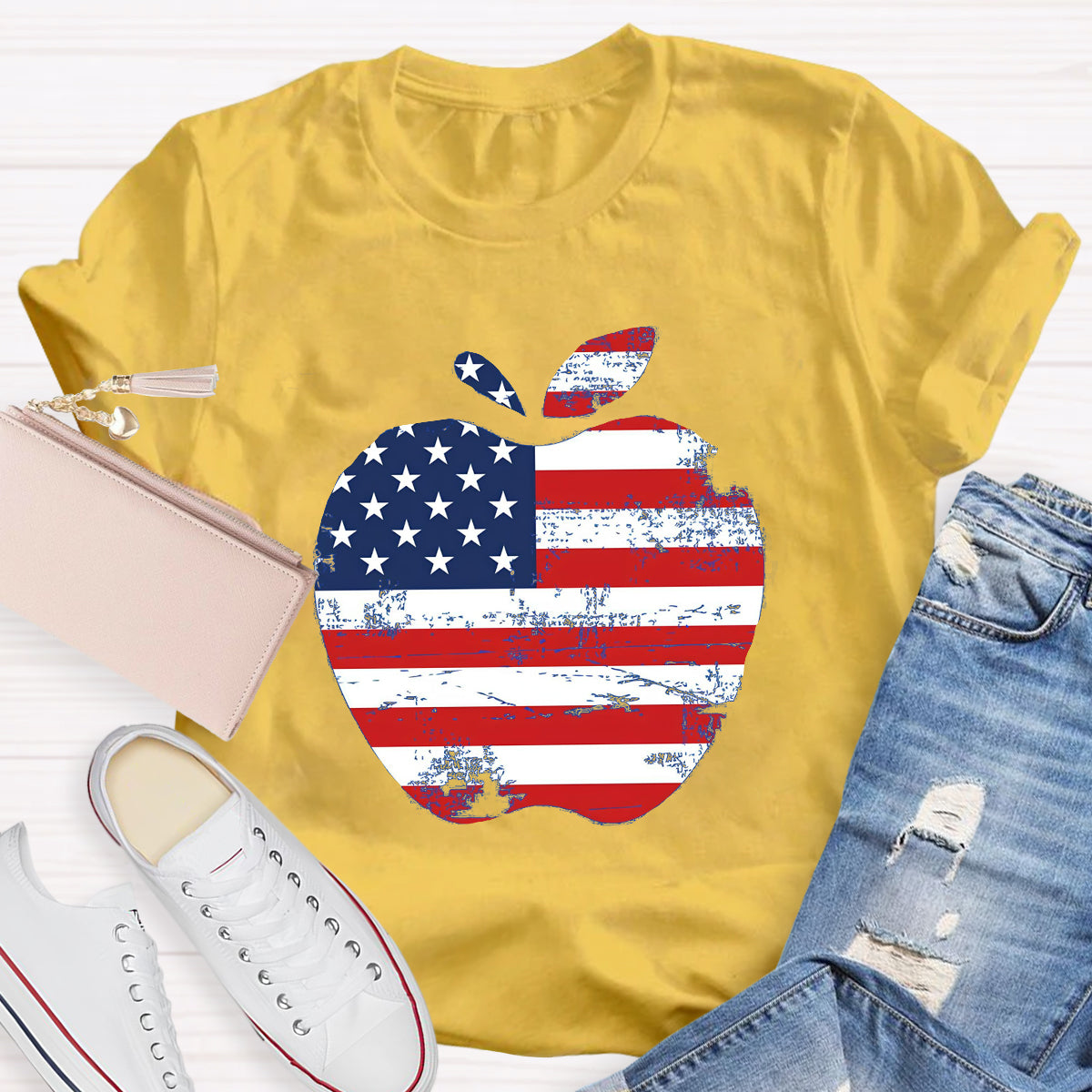 US Flag Apple Teacher T-Shirt