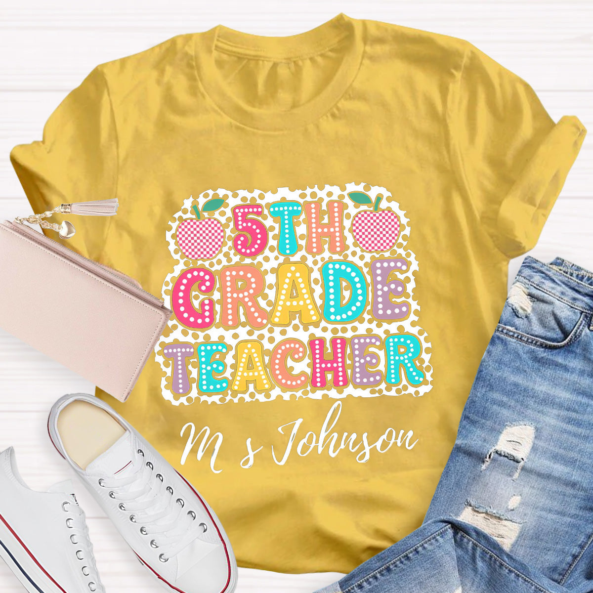Personalized Name And Grade Checkerboard Apple Teacher T-Shirt
