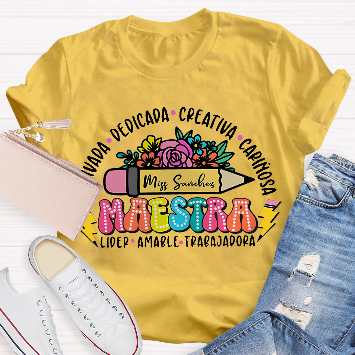 Personalize Name Maestra Pencil Teacher T-Shirt