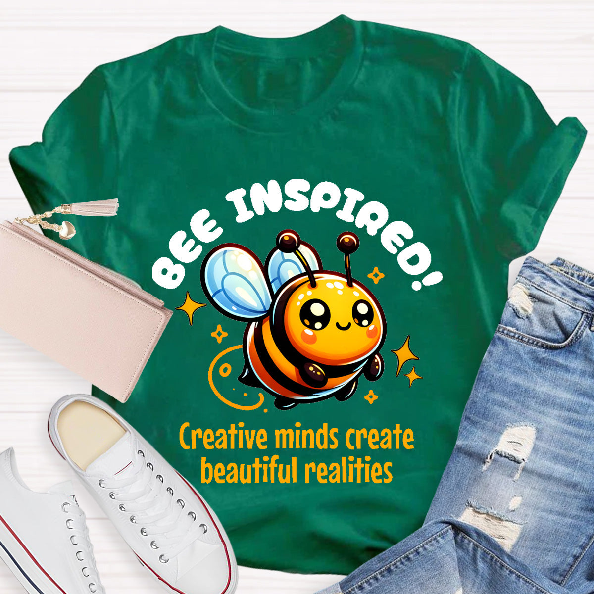 Bee Inspired Creative Minds Create Beautiful Realities Teacher T-Shirt