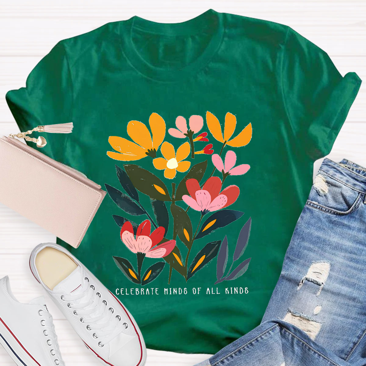 Art Flower Celebrate Minds of All Kinds Teacher T-Shirt