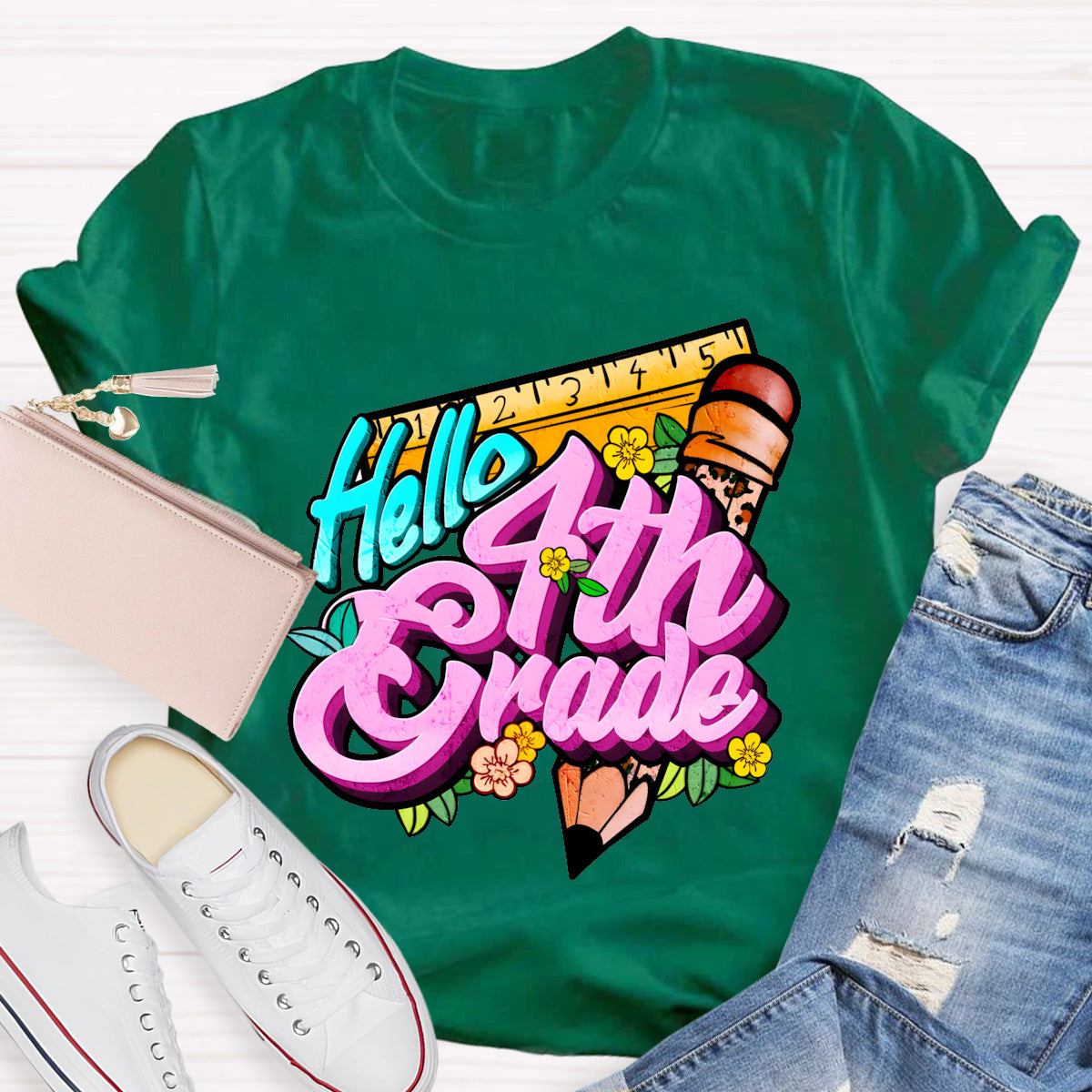 Personalized Grade Hello 4th Grade Back To School Teacher T-Shirt