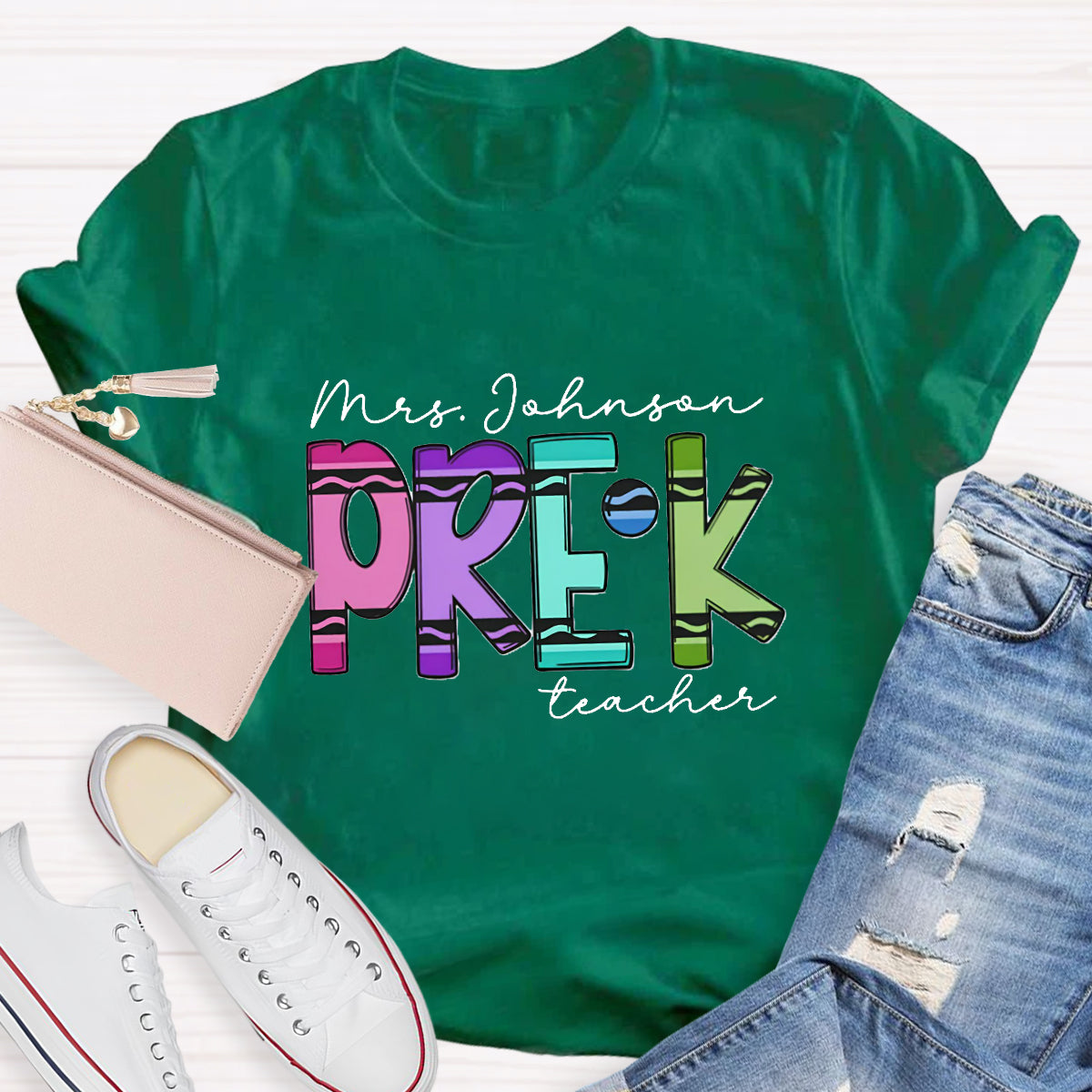 Personalized Grade And Name Crayon Teacher T-Shirt