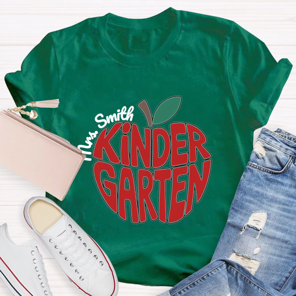 Personalized Kinder Garden Teacher Name Red Apple T-Shirt