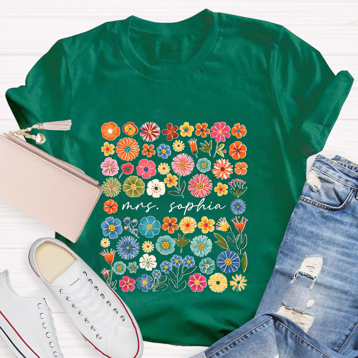 Personalized Name Pink Flowers Teacher T-Shirt