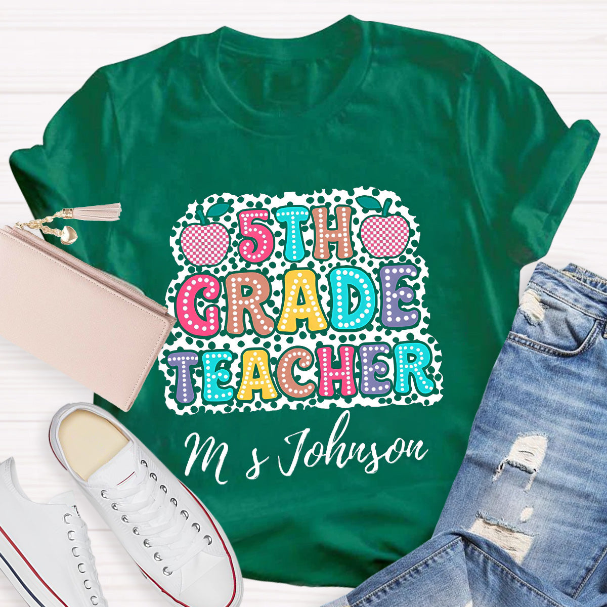 Personalized Name And Grade Checkerboard Apple Teacher T-Shirt