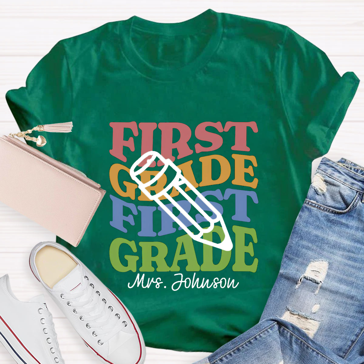 Personalized Teacher Grade And Name Pencil Back To School T-Shirt
