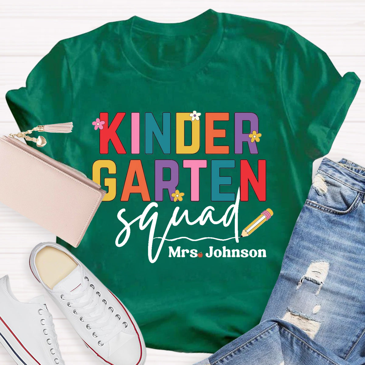 Personalized Grade And Name Teacher Squad Floral Pencil T-Shirt
