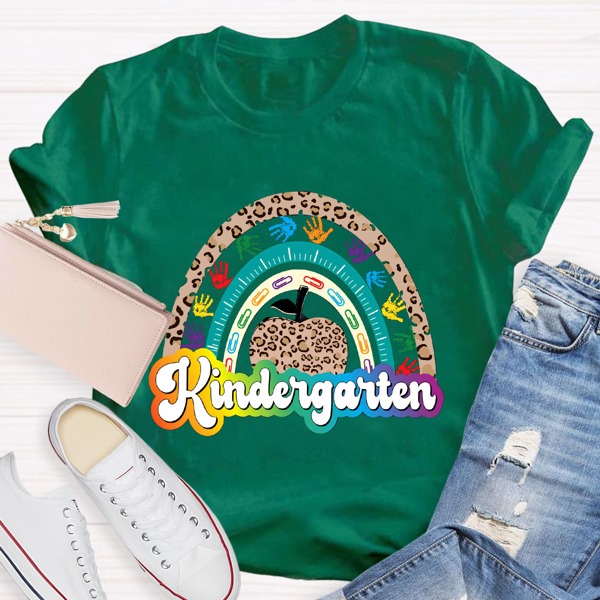 Personalized Grade Leopard Apple Rainbow Teacher T-Shirt