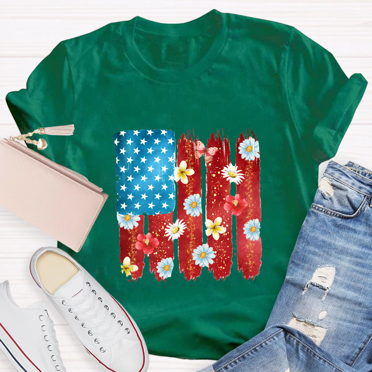 US Flag Flower Strip Star Teacher T-Shirt