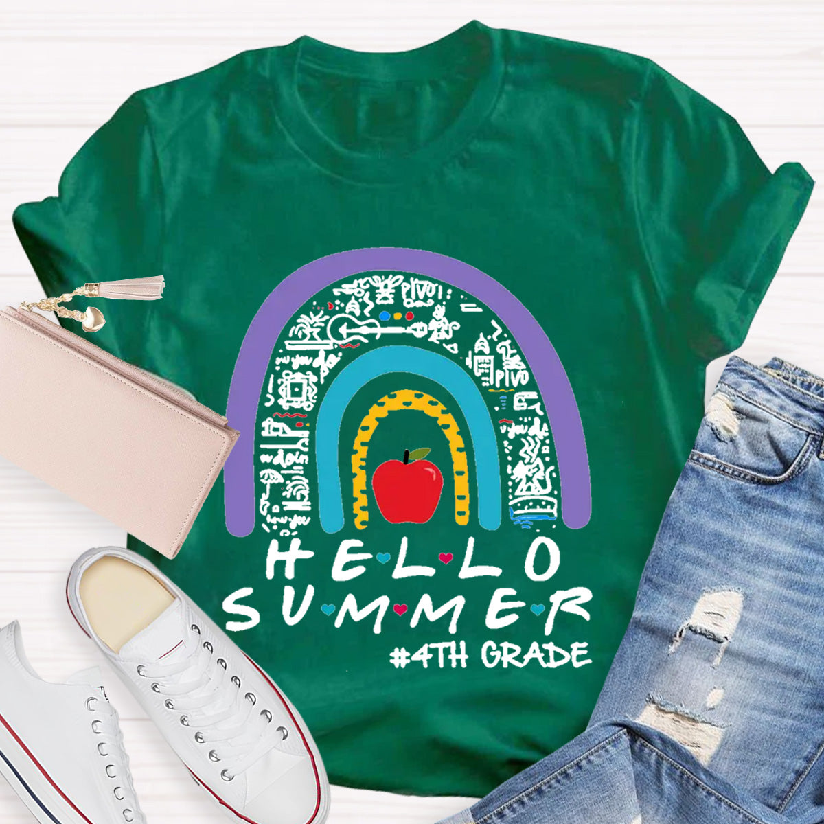 Personalized Grade Hello Summer Apple Rainbow Teacher T-Shirt