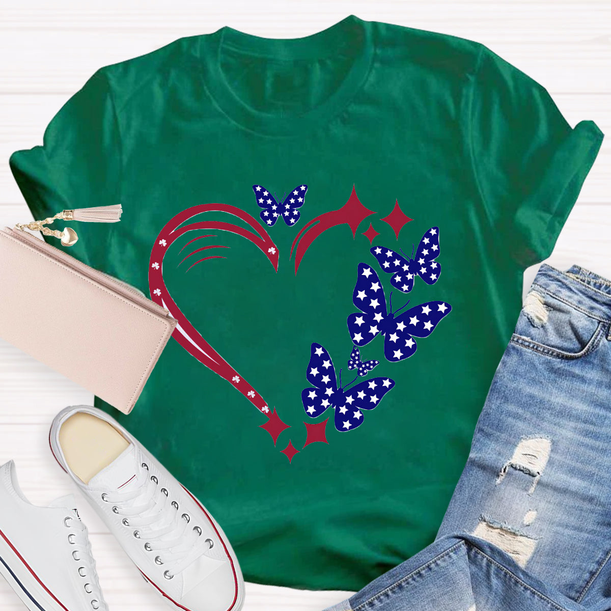 Stars And Strips Butterfly Teacher T-Shirt