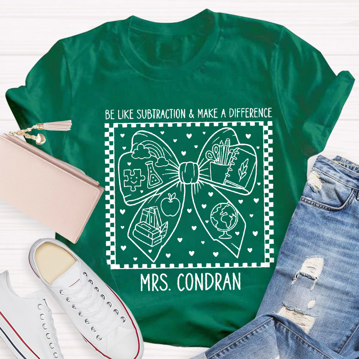 Personalized Name Be Like Subtraction Make A Difference Bow Teacher T-Shirt