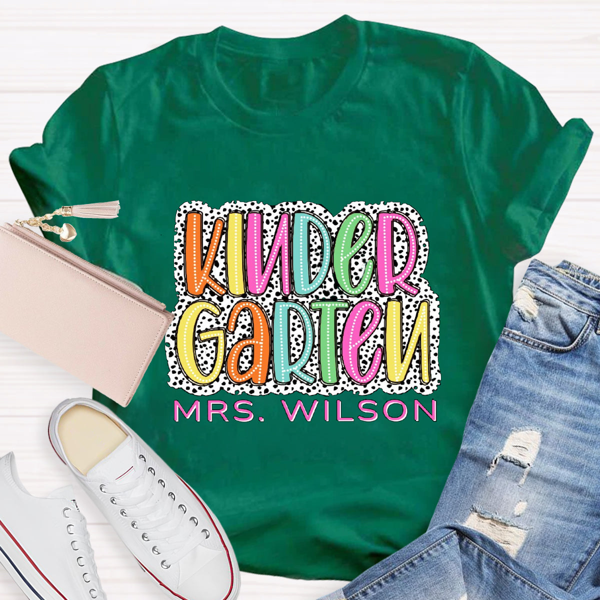 Personalized Name And Grade Neon Lights And Polka Dots Teacher T-Shirt