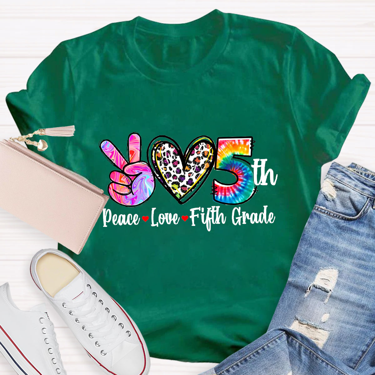 Personalized Grade Peace Love 5th Grade Teacher T-Shirt
