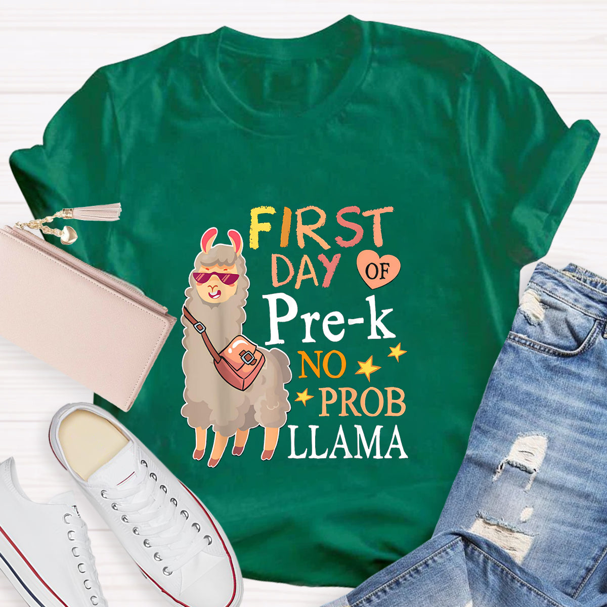 Personalized Grade First Day Of Pre-k No Prob Llama Spanish Teacher T-Shirt