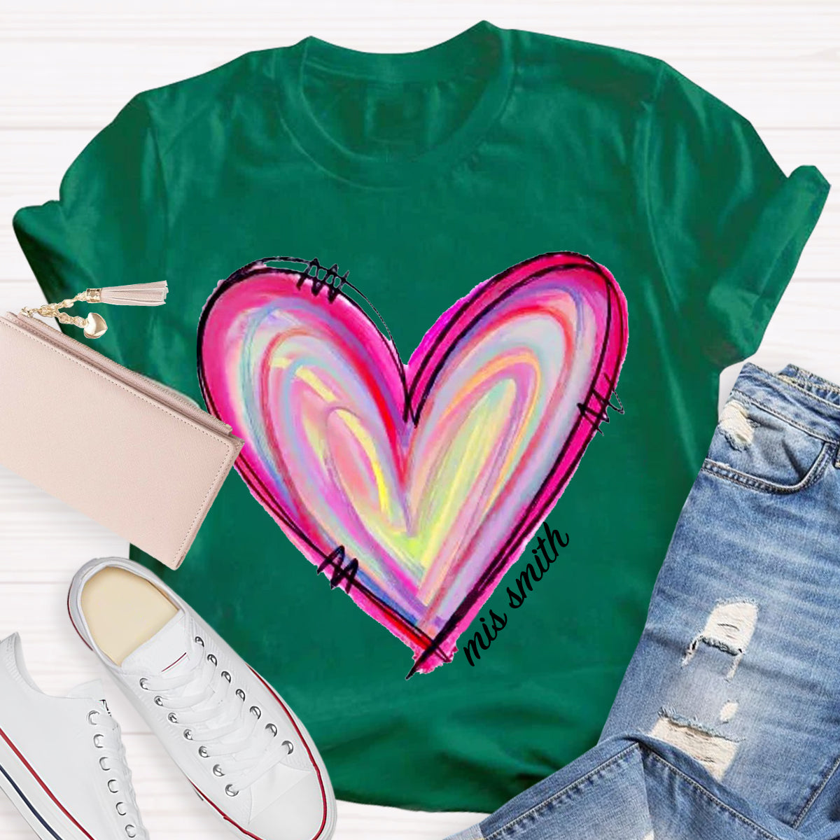 Personalized Name Art Painted Heart Teacher T-Shirt